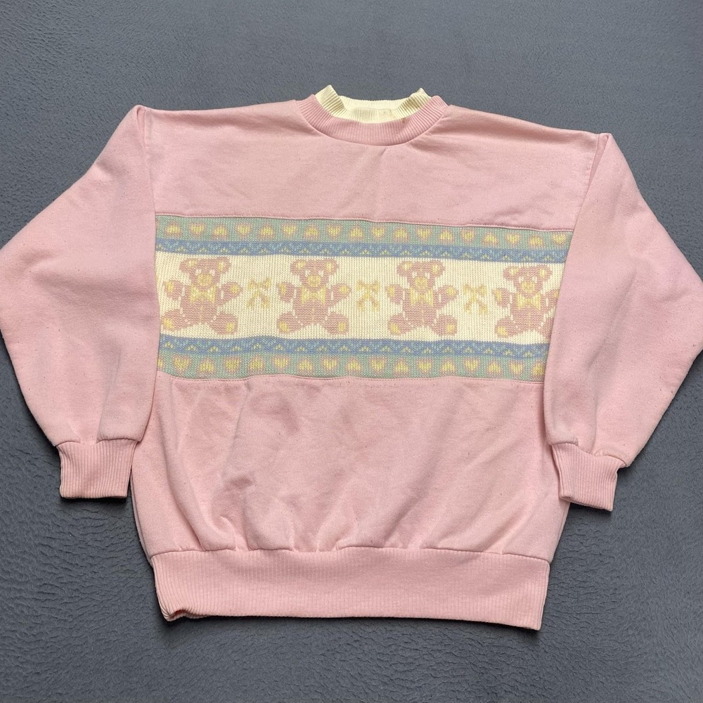 VTG Simply Basic Sweatshirt Womens Medium Pink Teddy Bear Fleece Pullover 80s